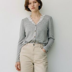 Pleione Lace Collar Grey Button Up Blouse Cardigan